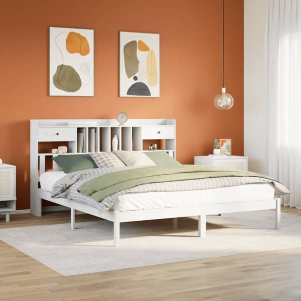 vidaXL Sänky kirjahyllyllä ei patjaa valkoinen 200x200 cm täysi mänty