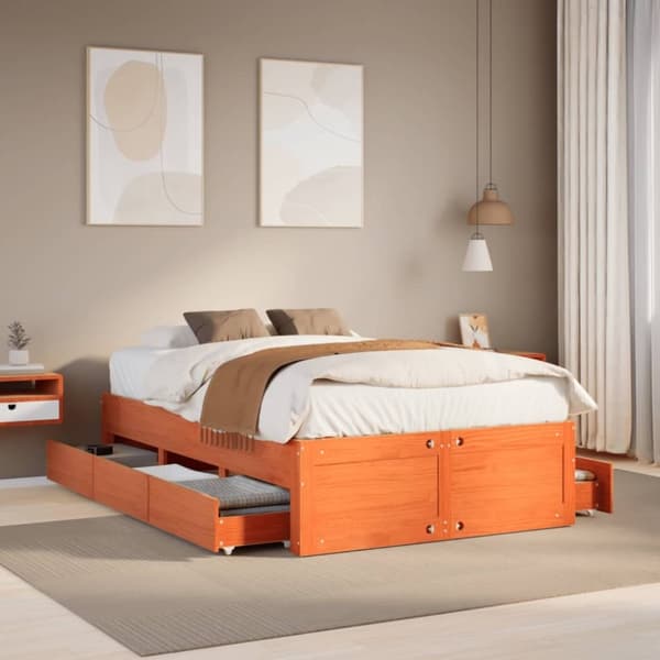 vidaXL Sengeramme uten madrass med skuffer brun 120x190 cm heltre furu
