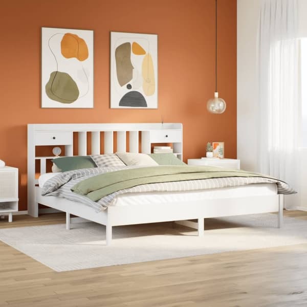 vidaXL seng med reol uden madras 200x200 cm massivt fyrretræ hvid