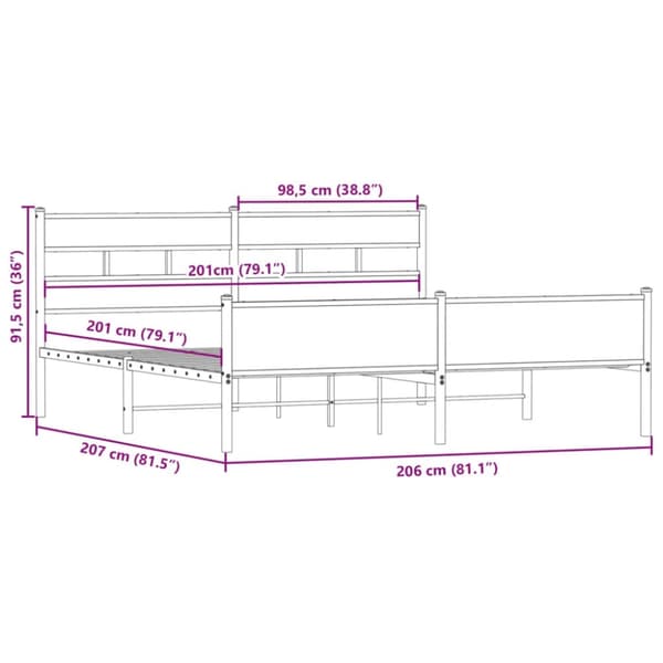 vidaXL Sengeramme i metall uten madrass røkt eik 200x200 cm