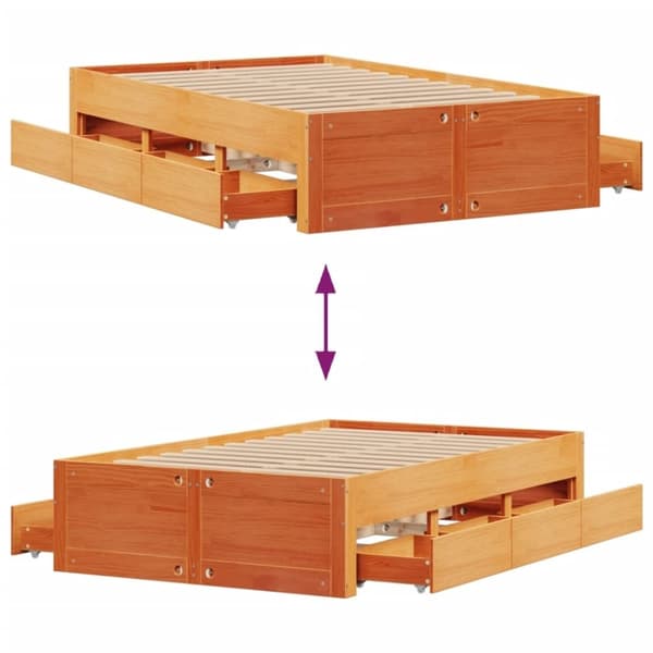 vidaXL Sängram utan madrass med lådor vaxbrun 135x190 cm massiv furu