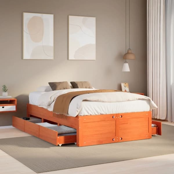 vidaXL Sängram utan madrass med lådor vaxbrun 135x190 cm massiv furu
