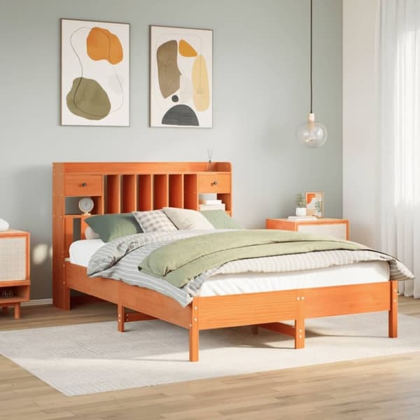 vidaXL Seng med bokhylle uten madrass voksbrun 120x190 cm heltre furu
