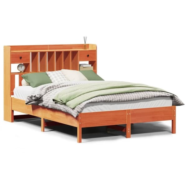 vidaXL Seng med bokhylle uten madrass voksbrun 120x190 cm heltre furu