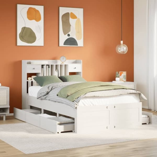 vidaXL Seng med bokhylle uten madrass hvit 135x190 cm heltre furu