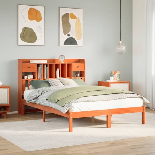 vidaXL seng med reol uden madras 140x200cm massivt fyrretræ gyldenbrun