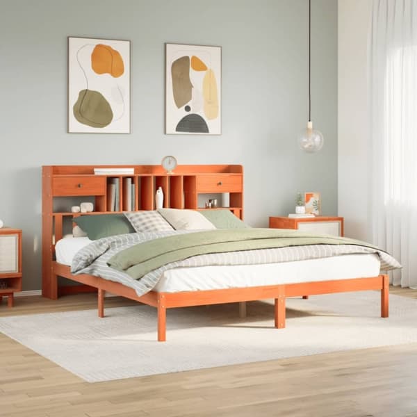 vidaXL Seng med bokhylle uten madrass voksbrun 200x200 cm heltre furu