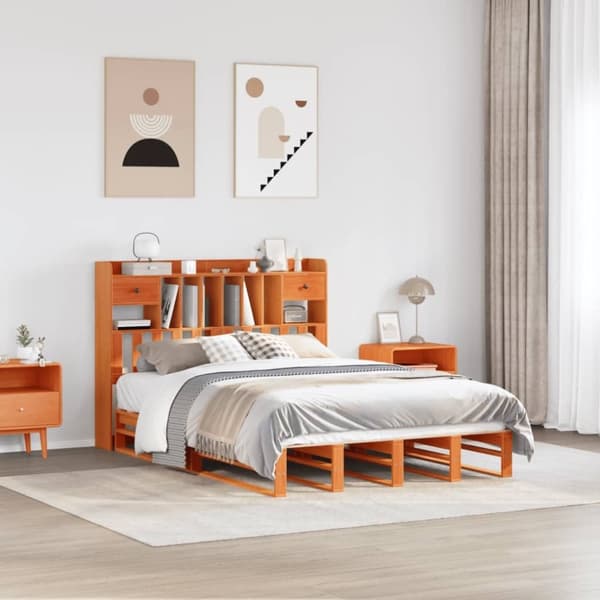 vidaXL Seng med bokhylle uten madrass voksbrun 150x200 cm heltre furu