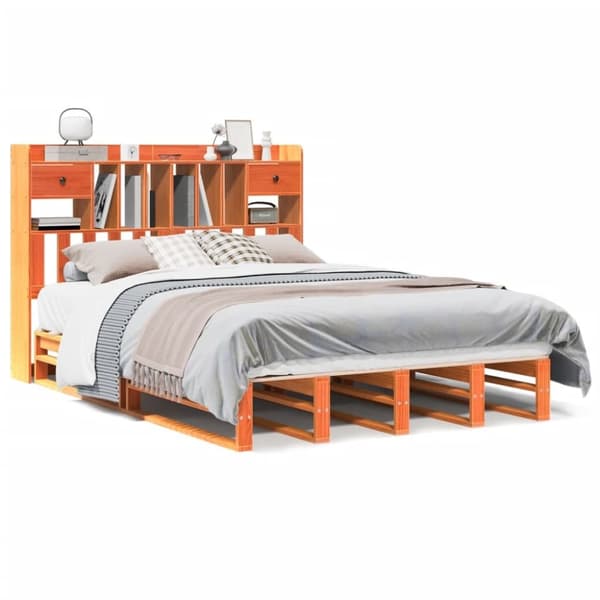 vidaXL Seng med bokhylle uten madrass voksbrun 150x200 cm heltre furu