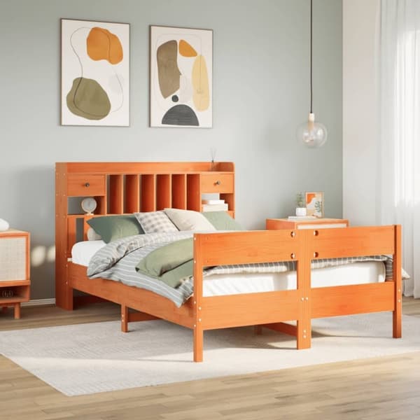 vidaXL Seng med bokhylle uten madrass voksbrun 140x200 cm heltre furu
