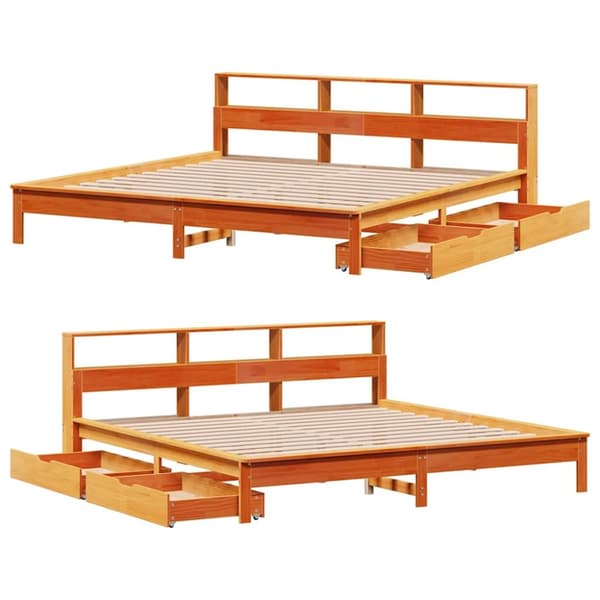 vidaXL Seng med bokhylle uten madrass voksbrun 180x200 cm heltre furu