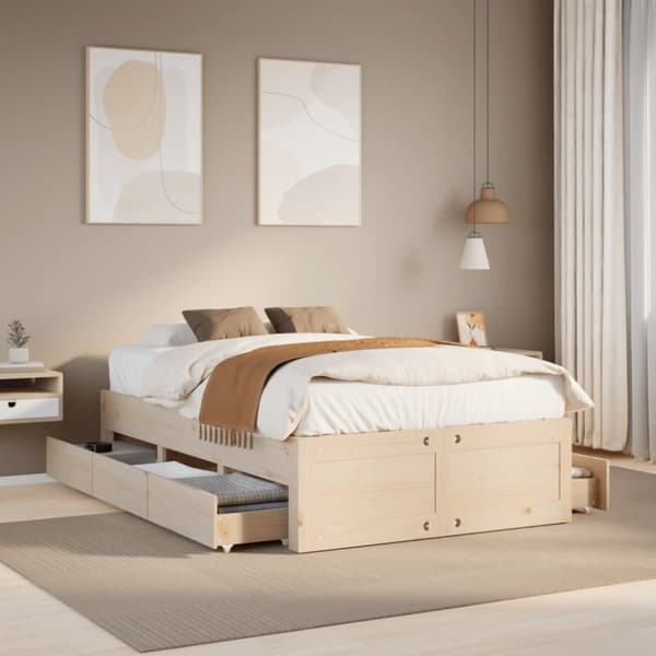 vidaXL Sängynrunko ilman patjaa laatikoilla 135x190 cm täysi mänty