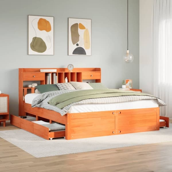 vidaXL Seng med bokhylle uten madrass voksbrun 200x200 cm heltre furu