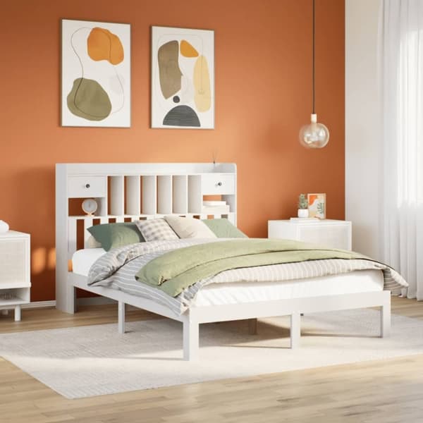 vidaXL Sänky kirjahyllyllä ei patjaa valkoinen 140x200 cm täysi mänty
