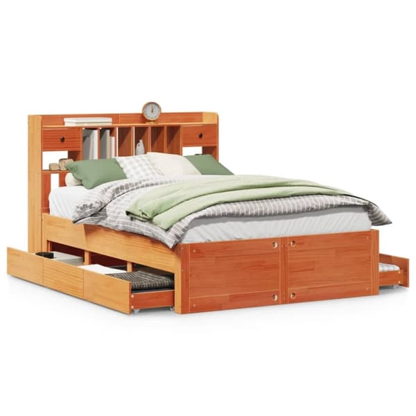 vidaXL Seng med bokhylle uten madrass voksbrun 140x190 cm heltre furu