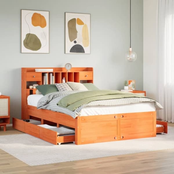 vidaXL Seng med bokhylle uten madrass voksbrun 140x190 cm heltre furu
