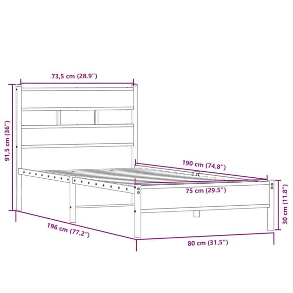 vidaXL Sengeramme uten madrass sonoma eik 75x190 cm konstruert tre