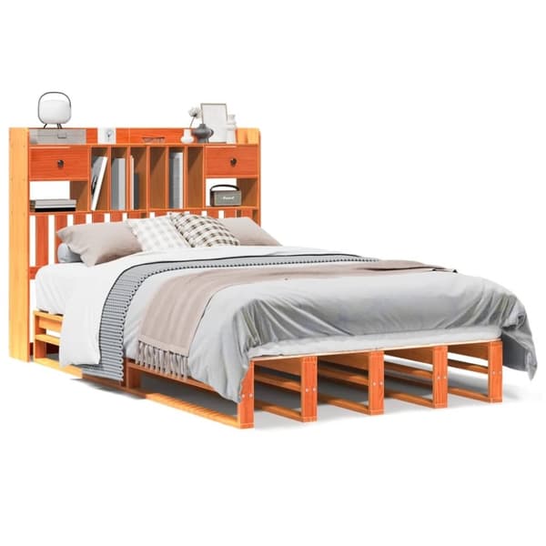 vidaXL seng med reol uden madras 135x190cm massivt fyrretræ gyldenbrun