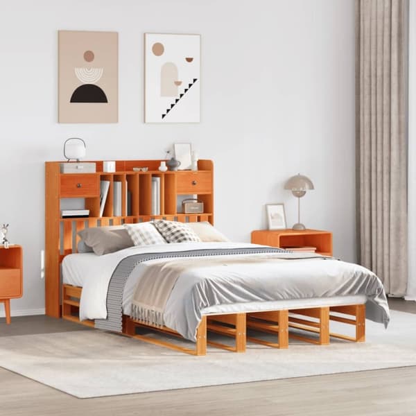 vidaXL seng med reol uden madras 135x190cm massivt fyrretræ gyldenbrun