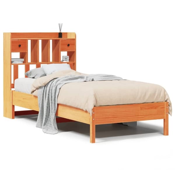 vidaXL Seng med bokhylle uten madrass voksbrun 75x190 cm heltre furu