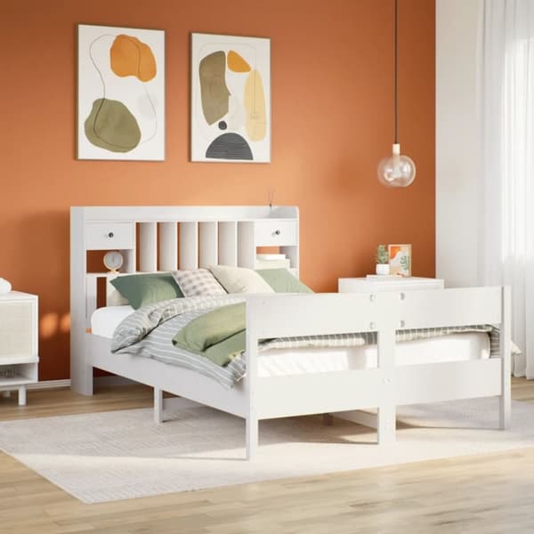 vidaXL Seng med bokhylle uten madrass hvit 135x190 cm heltre furu