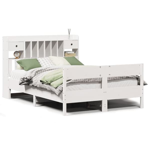 vidaXL Seng med bokhylle uten madrass hvit 135x190 cm heltre furu