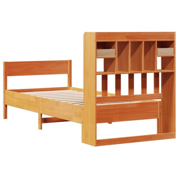 vidaXL Seng med bokhylle uten madrass voksbrun 90x200 cm heltre furu