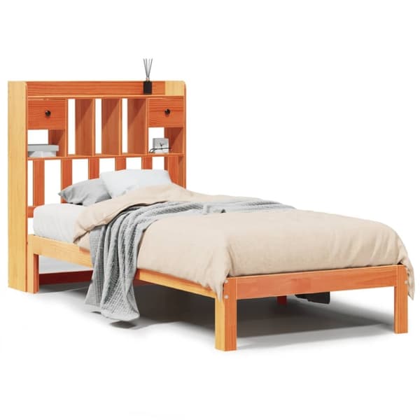 vidaXL Seng med bokhylle uten madrass voksbrun 90x200 cm heltre furu