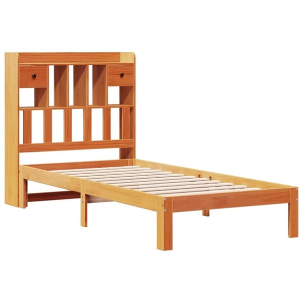 vidaXL Seng med bokhylle uten madrass voksbrun 90x200 cm heltre furu