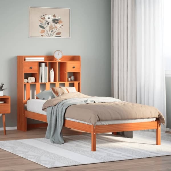 vidaXL Seng med bokhylle uten madrass voksbrun 90x190 cm heltre furu