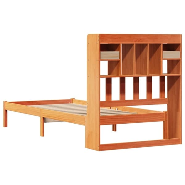vidaXL Seng med bokhylle uten madrass voksbrun 90x200 cm heltre furu