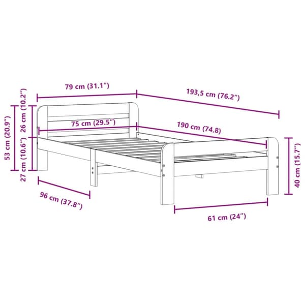 vidaXL Sengeramme uten madrass hvit 75x190 cm heltre furu