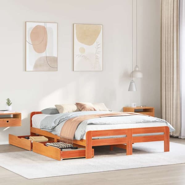 vidaXL sengeramme uden madras 140x190 cm massivt fyrretræ gyldenbrun