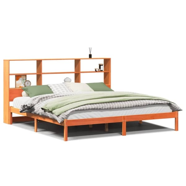 vidaXL Seng med bokhylle uten madrass voksbrun 180x200 cm heltre furu