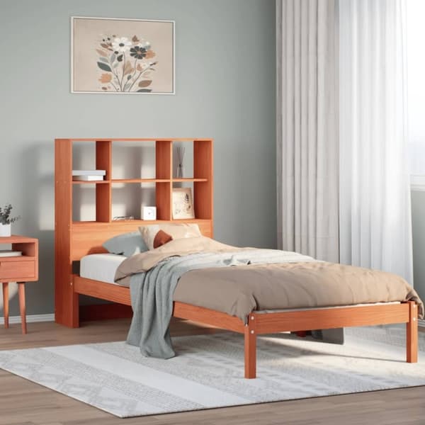 vidaXL Seng med bokhylle uten madrass voksbrun 90x190 cm heltre furu