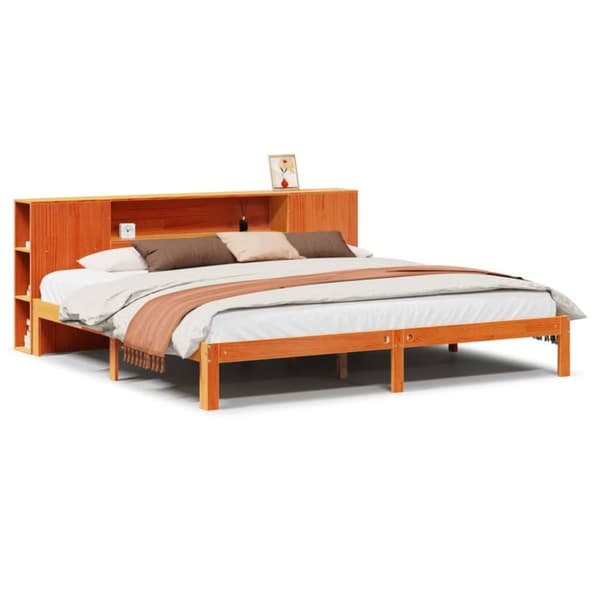 vidaXL Seng med bokhylle uten madrass voksbrun 180x200 cm heltre furu