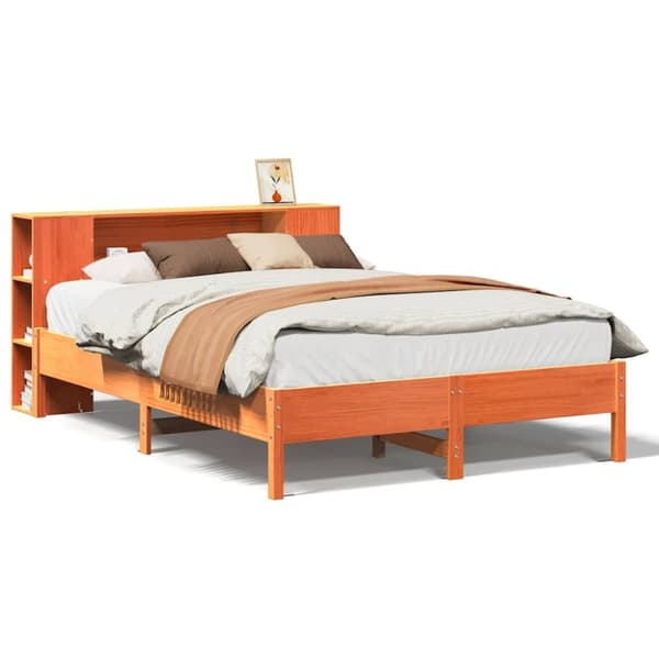 vidaXL Seng med bokhylle uten madrass voksbrun 120x190 cm heltre furu