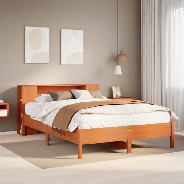 vidaXL Seng med bokhylle uten madrass voksbrun 120x190 cm heltre furu