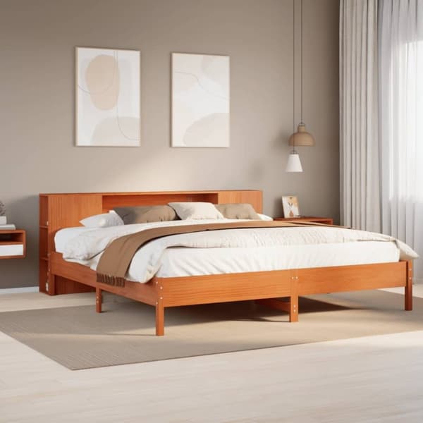 vidaXL seng med reol uden madras 200x200cm massivt fyrretræ gyldenbrun