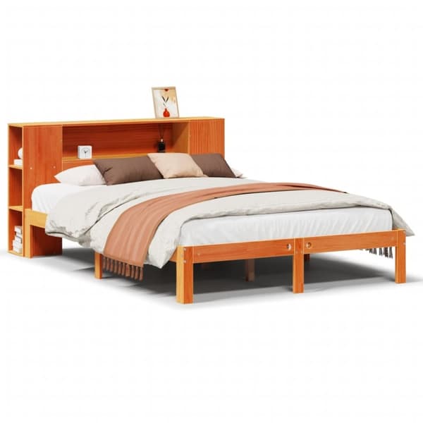 vidaXL Seng med bokhylle uten madrass voksbrun 135x190 cm heltre furu