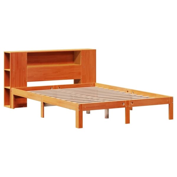 vidaXL Seng med bokhylle uten madrass voksbrun 135x190 cm heltre furu