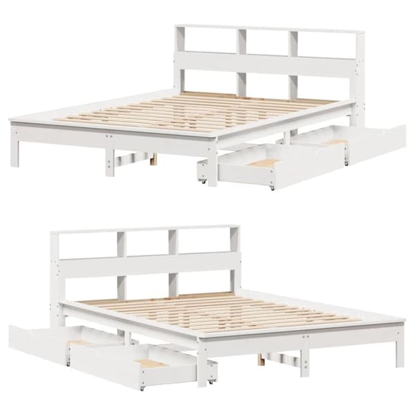 vidaXL Seng med bokhylle uten madrass hvit 135x190 cm heltre furu