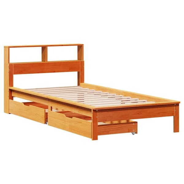 vidaXL Seng med bokhylle uten madrass voksbrun 90x200 cm heltre furu