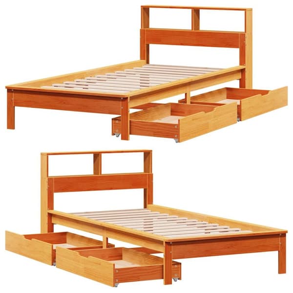 vidaXL Seng med bokhylle uten madrass voksbrun 90x200 cm heltre furu
