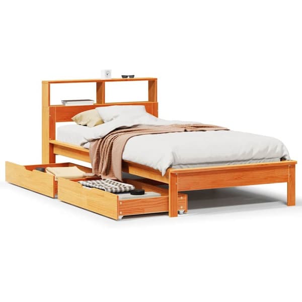 vidaXL Seng med bokhylle uten madrass voksbrun 90x200 cm heltre furu