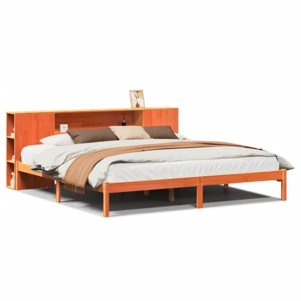 vidaXL Seng med bokhylle uten madrass voksbrun 180x200 cm heltre furu