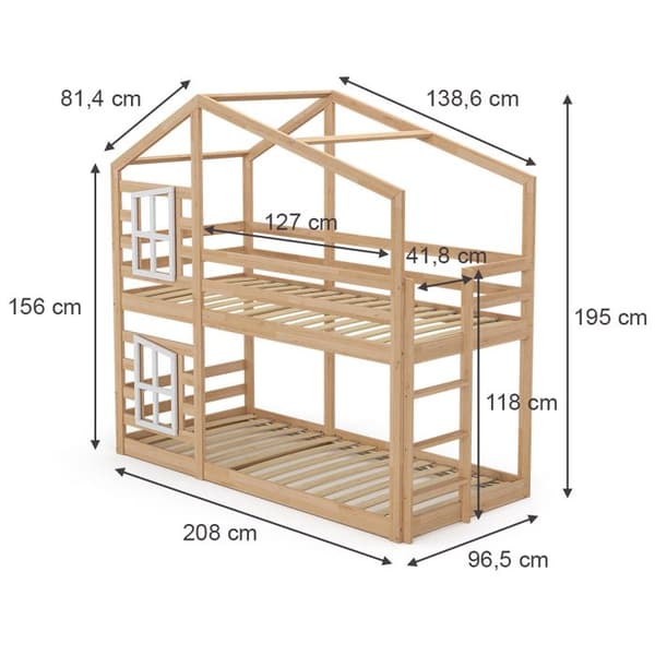 Vitalispa Maja våningssäng, Naturträ, 90x200 cm med 2 madrasser
