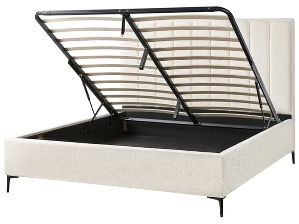 Dobbeltseng Hvid Boucle Polstret 180 x 200 cm 2 Personers Seng med Opbevaring Sengeramme To Mands Højt Sengestel med Gavl