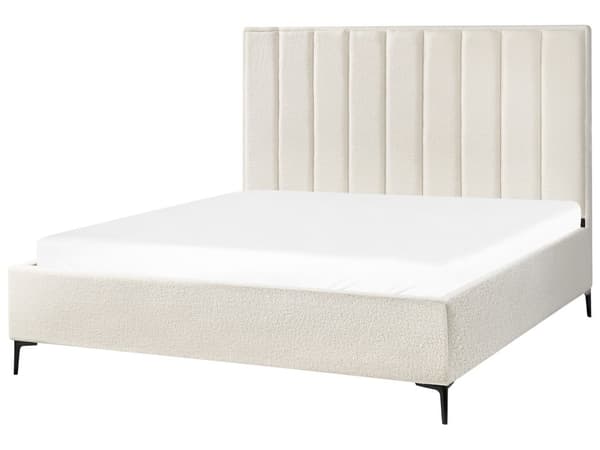 Dobbeltseng Hvid Boucle Polstret 180 x 200 cm 2 Personers Seng med Opbevaring Sengeramme To Mands Højt Sengestel med Gavl