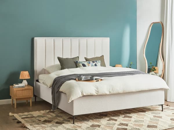 Dobbeltseng Hvid Boucle Polstret 180 x 200 cm 2 Personers Seng med Opbevaring Sengeramme To Mands Højt Sengestel med Gavl